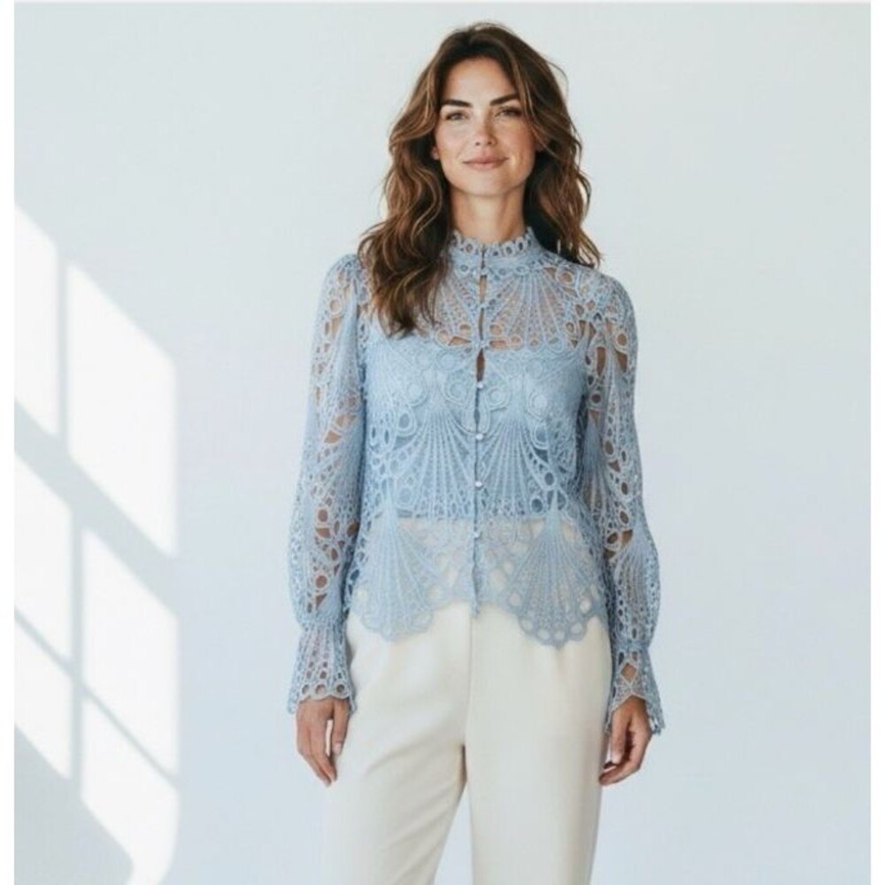 Light Blue Lace Crochet Sheer Top XL Puff Sleeve Boho Regency Blouse Romantic
